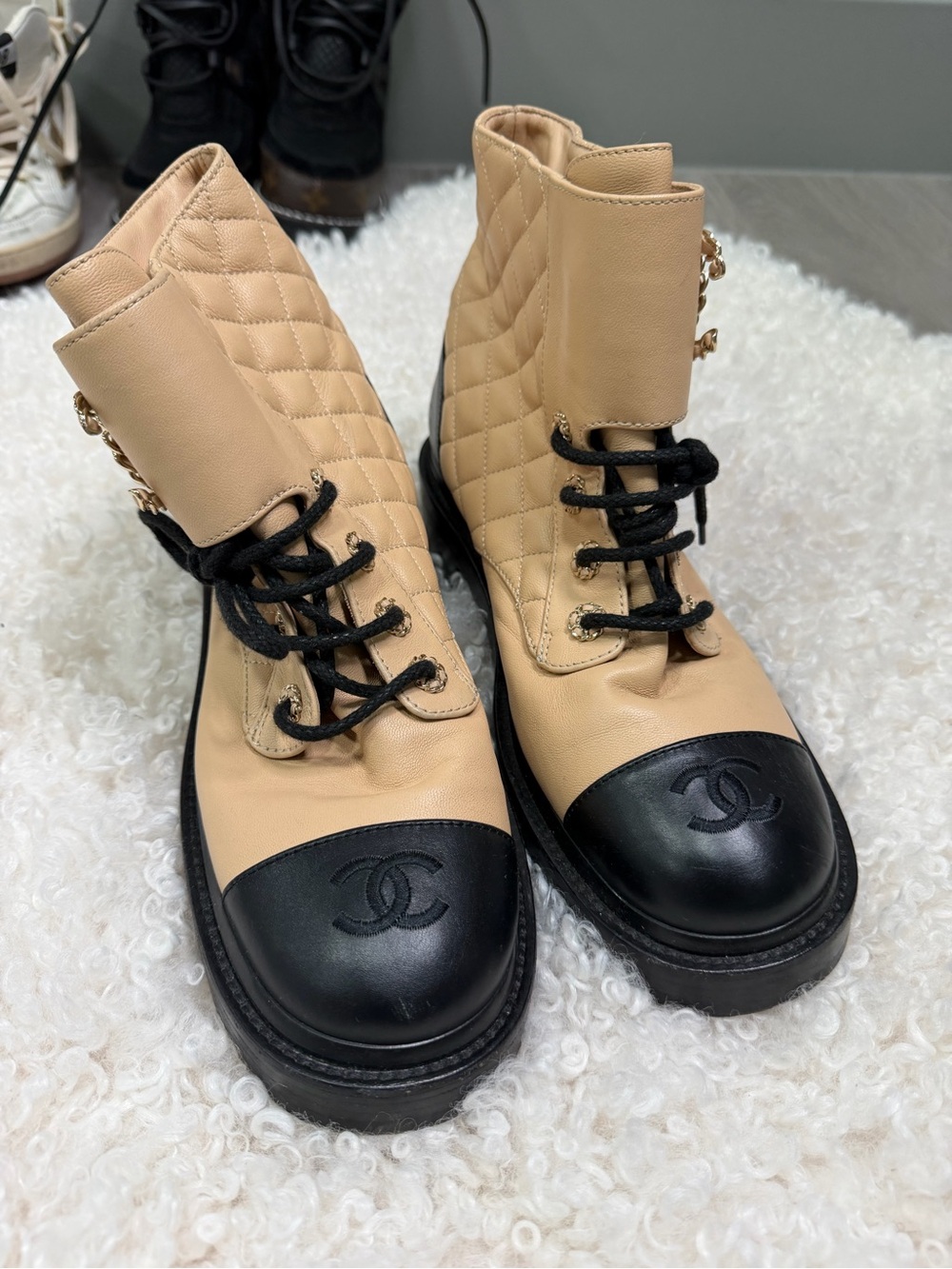 CHANEL Beige and Black Quilted Lace-Up Combat Boots - Picture 2 of 4